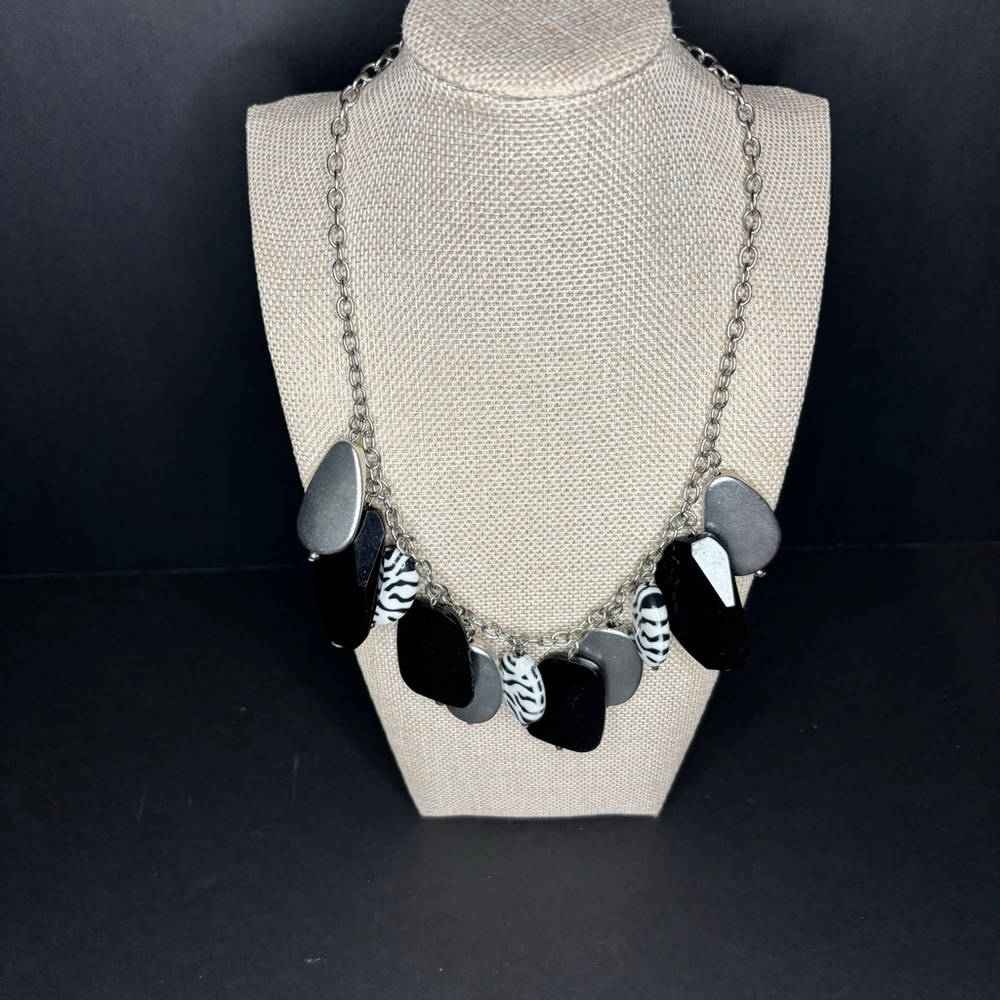 Necklace Black Silver Zebra Print